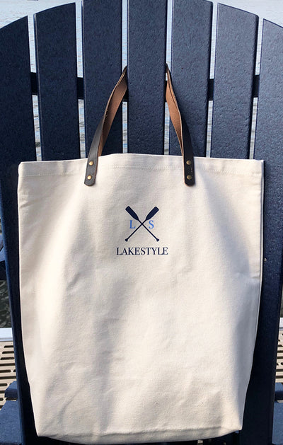 Lakestyle ivory colored tote bag with leather handles 